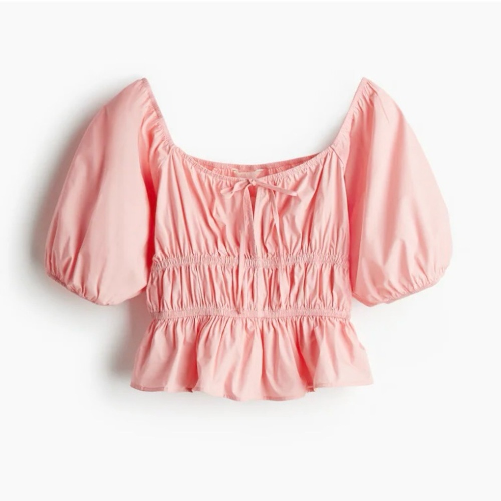 H&M Pink Puff Sleeve Blouse Size XL Cotton Poplin Ruffles Tie Keyhole Feminine - Picture 3 of 12